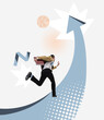 © Lustre Art Group  - Contemporary art collage. Businessman, office manager with folder running upwards the arrow symbolizing way to success