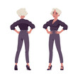 Beautiful akimbo pose blonde woman, white dyed hair, business outfit. Office attire lady, professional chic work outfits. Vector flat style cartoon illustration isolated on background, front, rear
