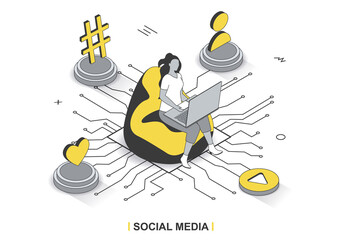 Aufkleber - Social media concept in 3d isometric outline design. Woman browses on laptop, creates profile, watches video content, likes and shares posts, line web template. Vector illustration with people scene