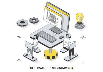 Wall Mural - software programming concept in 3d isometric outline design. development team programs, tests and op