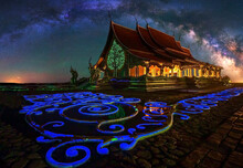 Beautiful Sirindhorn Wararam Phu Prao Temple ( Wat Phu Prao ) With Spectacular Milky Way Background At Night , Ubon Ratchathani ProvinceThe Milky Way Is Above The Thai Temples, Phu Phrao Temple (Wat S