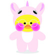 Popular soft toy yellow lalafanfan duck wearing a pink kigurumi unicorn and round glasses on a white background