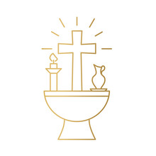 Golden Baptismal Font With Cross, Candle And Pitcher, Christening Symbols, God Bless You, Element For Greeting Card- Vector Illustration
