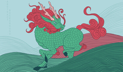 Wall Mural - mythological creature - qilin, bright colours, rose and green, simple wave pattern	