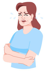 Poster - Suffering from stress semi flat RGB color vector illustration. Mentally distressed figure. Excessive self-consciousness. Crying woman embracing herself isolated cartoon character on white background