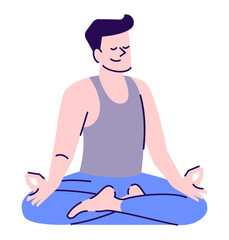 Canvas Print - Practicing yoga and meditation at home semi flat RGB color vector illustration. Everyday stress management. Relaxed man sitting in lotus pose isolated cartoon character on white background