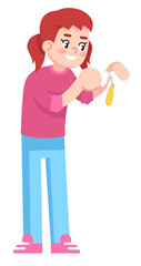 Poster - Smiling girl helping with meal preparation semi flat RGB color vector illustration. Standing figure. Person participating in cooking class for kid isolated cartoon character on white background