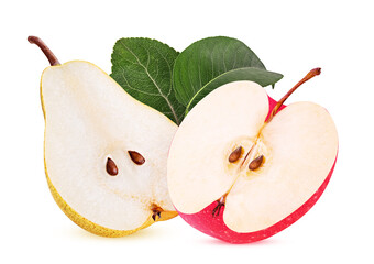 Wall Mural - Fresh fruit red apple cut in half and yellow pear cut in half with leaf