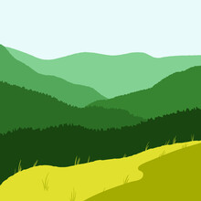 Flat Landscape With Green Mountains And Yellow Grass Field. Minimalistic Trending Landscape 
