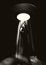 Alien Spaceship Kidnapping A Human With The Abduction Ray. Retro Styled Poster With Woman Or Man Taken By The Ufo Or Flying Saucer. Sci-fi Illustration In 50s Style