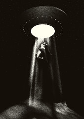 Wall Mural - alien spaceship kidnapping a human with the abduction ray. retro styled poster with woman or man tak
