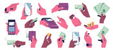 Fototapeta  - Set of hands making payment. Contactless payment by phone, bank card, watch, devices with nfs. Terminal, wallet, banknotes, coins, phone screen, online money transfers, banking. Vector illustration