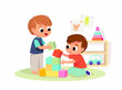 © olgache - Two boys play together. Educational toys. Educational toys. Children playing designer cubes, developing constructor set.