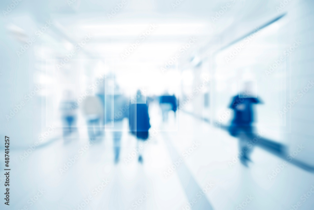 Face detection and recognition of citizens, face recognition and personal identification technologies in street surveillance cameras, crowd of passers-by with graphic elements.