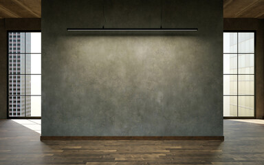 concrete wall with copy space modern industrial design studio loft living room background with big concrete walls. 3d render illustration