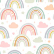 Hand drawn rainbows, cloud and star cartoon baby texture for fabric textile wallpaper apparel wrapping, Rainbow seamless vector pattern  background