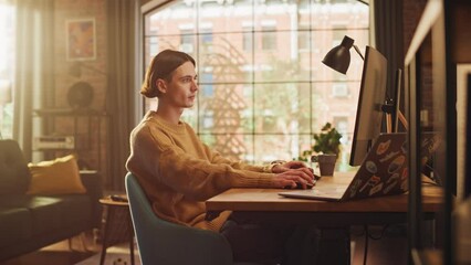 Aufkleber - Young Handsome Man Working from Home on Desktop Computer in Sunny Stylish Loft Apartment. Creative Designer Wearing Cozy Yellow Sweater and Headphones. Urban City View from Big Window. Static Shot.