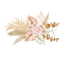 Watercolor Boho Tropical Arrangement. Dried Flowers Composition. Pampas Grass, Monstera, Palm Leaf, Pink Rose.
