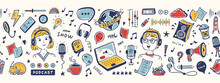 Podcast Show Equipment And Items Seamless Vector Banner. Colorful Border Pattern With Hand Drawn Doodle Man And Woman Speaking In Microphone. Workplace Of Radio Host Or Blogger.