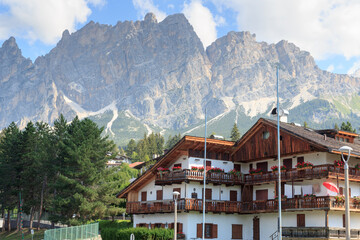 Mountain panorama view with houses in Cortina d'Ampezzo, Italy