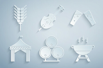 Wall Mural - Set Wooden barrels, Glass of beer, Camping tent, Barbecue grill, Violin and Wheat icon. Vector