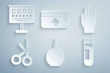 Sticker - Set Enema, Medical rubber gloves, scissors, Test tube with blood, First aid kit and Eye test chart icon. Vector