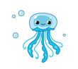 Cute blue jellyfish with a happy smile. Vector illustration of a sea animal in a cartoon childish style. Isolated funny clipart on white background. cute jellyfish print.