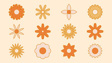 Collection Of Simple Blooming Flowers In 1970s Psychedelic Hippie Style. Set Of Graphic Stickers In Retro Design. Groovy Background. Editable Stroke Isolated Vector Illustration