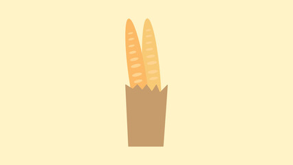 bag with a baguette on a beige background, vector illustration. baguette in a paper bag, bakery food. mouth-watering products. unhealthy food. vegetable loaf