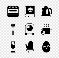 Sticker - Set Oven, Cookbook, Electric kettle, Wine glass, glove, Broken egg, Kitchen whisk and timer icon. Vector