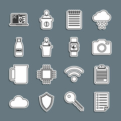 Sticker - Set line Document, Clipboard with document, Photo camera, Notebook, Speaker, Glass bottle milk and cap, Medical clinical record and Smart watch heart beat rate icon. Vector