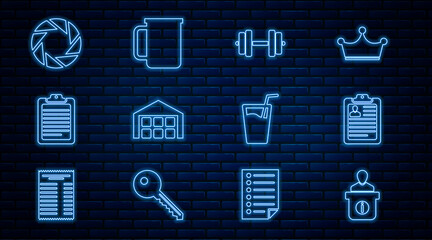 Wall Mural - Set line Information desk, Clipboard with resume, Dumbbell, Warehouse, document, Camera shutter, Glass water and Coffee cup icon. Vector