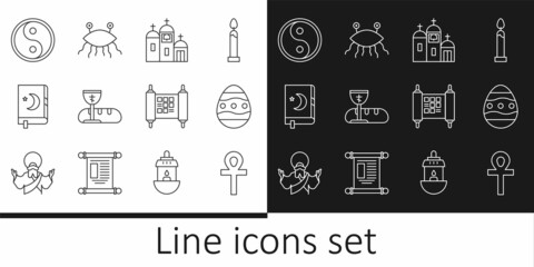 Set line Cross ankh, Easter egg, Church building, First communion symbols, Holy book of Koran, Yin Yang, Decree, paper, parchment, scroll and Pastafarianism icon. Vector