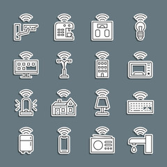 Wall Mural - Set line Smart water tap, Wireless keyboard, microwave oven, bathroom scales, street light, Tv system, security camera and home with wireless icon. Vector