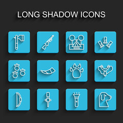 Sticker - Set line Bow, Torch flame, Wooden axe, Flashlight, Dog, Hunting horn, Slingshot and Paw print icon. Vector