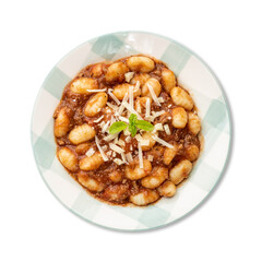 Wall Mural - Italian pasta gnocchi on a plate with bolognese sauce isolated over white background