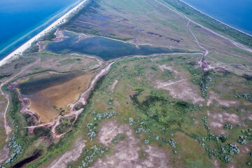 Kinburn Spit, Ukraine, aerial view. Black Sea, wild nature, beautiful landscape.