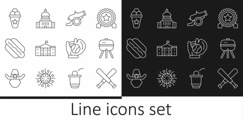Set line Crossed baseball bat, Barbecue grill, Cannon, United States Capitol Congress, Hotdog sandwich, Ice cream in waffle cone, Baseball glove with and White House icon. Vector