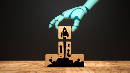Wall Mural - robot arm moving a cube with a rocket symbol, symbolizing a liftoff on wooden background
