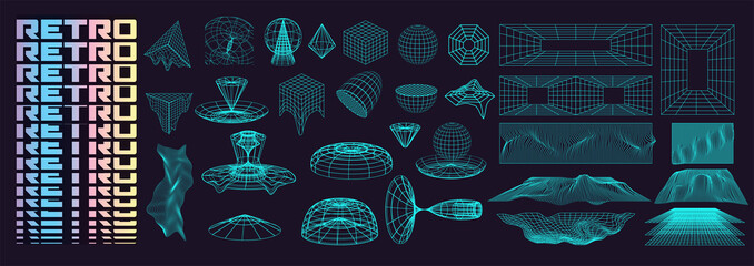 Aufkleber - Set modern abstract of retro futuristic design elements, perspective grid, tunnel. Trendy cyberpunk retro futurism set, vaporwave. Digital elements for web design. Collection trendy geometric shapes