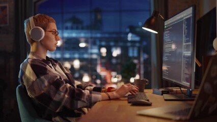 Aufkleber - Young Woman Writing Code on Desktop Computer in Stylish Loft Apartment in the Evening. Creative Female Wearing Headphones, Working from Home on Software Development. Urban City View from Big Window.