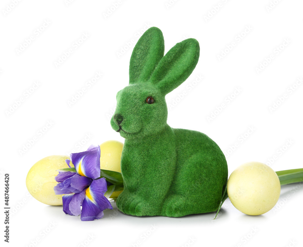 Beautiful Easter bunny, flower and painted eggs on white background
