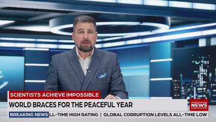 Evening News TV Program: Anchor Presenter Reporting on Business, Economy, Science, Politics. Television Cable Channel Anchorman Talks about Daily Events. Network Broadcast Newsroom Studio Playback