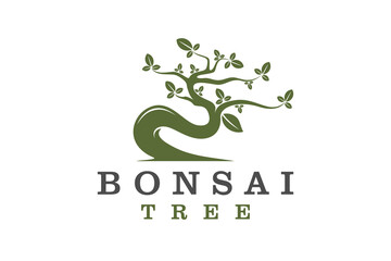 Oriental Bonsai Art, Japanese Mini Small Plant Tree on Pot Silhouette logo design vector