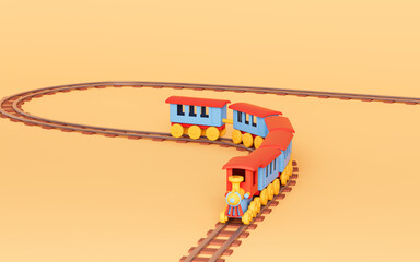 Wall Mural - A train runs on the railroad track with yellow background, 3d rendering.