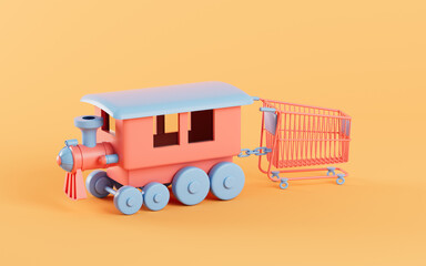 Wall Mural - Shopping cart and train, shopping online, 3d rendering.