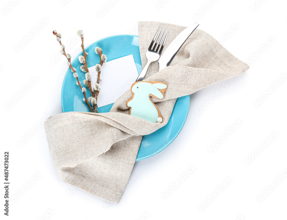 Stylish table setting with Easter cookie on white background