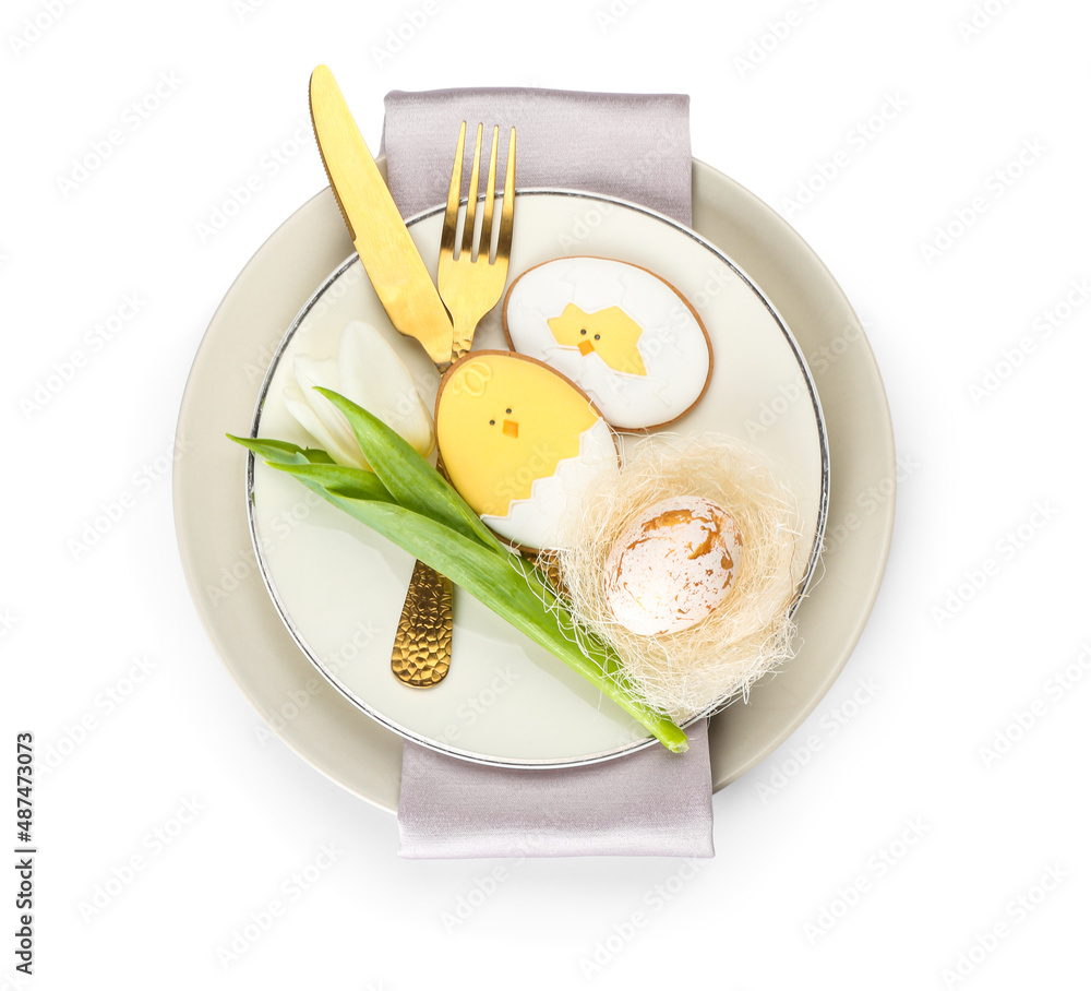 Stylish table setting with Easter cookies on white background
