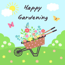 Vintage Wooden Cart With Flowers On The Meadow. Sunny Landscape With Floral Wheelbarrow And Butterflies. Happy Gardening Text.