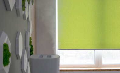 Leinwandbilder - Roller blinds closeup on the window in the interior. Roller shades for big windows. Automated curtains for office. Green color, monochrome material. Window coverings.